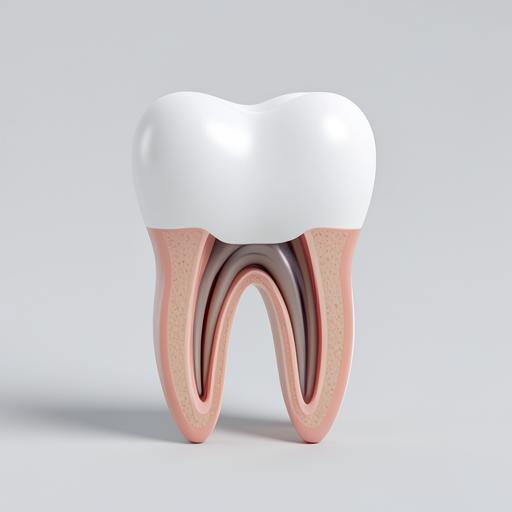 Render 3D de dente em corte, com canal e raiz visíveis